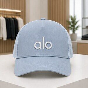 ALO Yoga Mist Blue Gray Clean Mesh Trucker Cap Hat Activewear